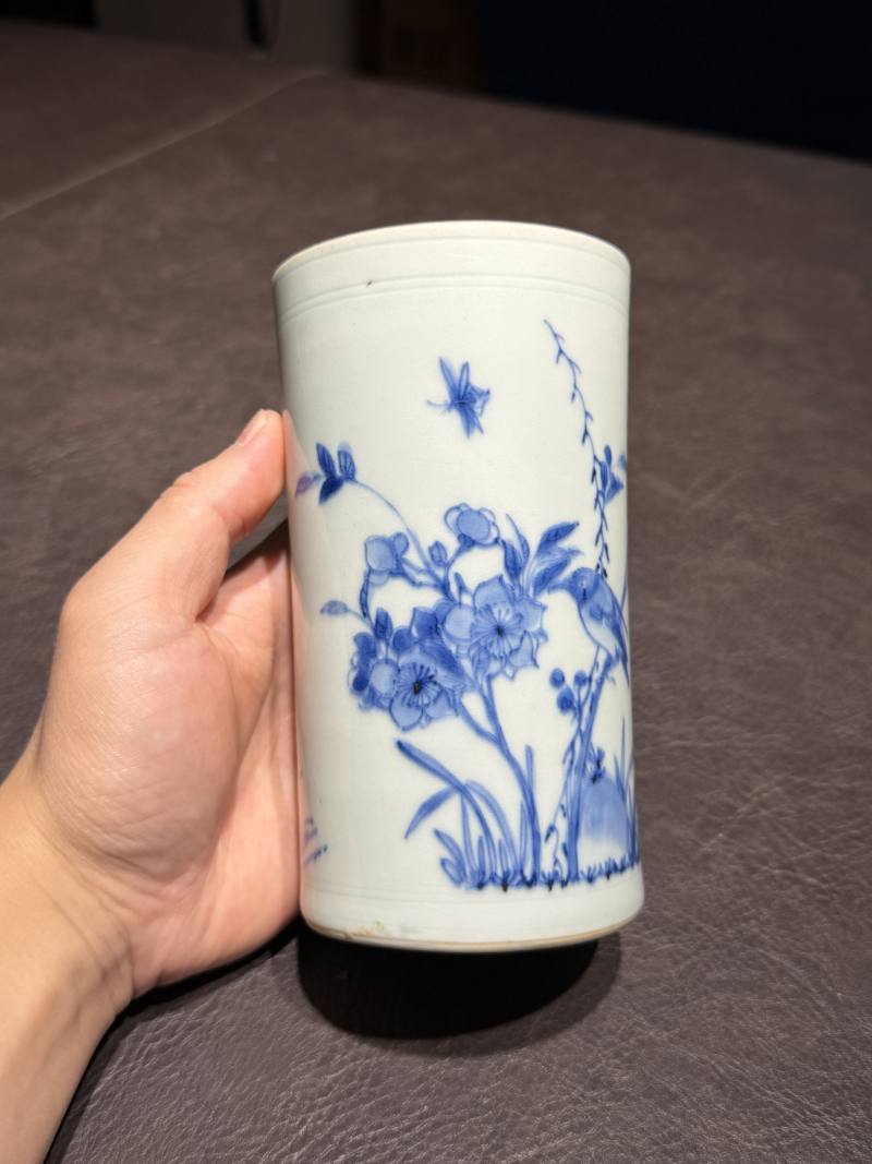 明崇祯 青花花鸟图笔筒 - 图4