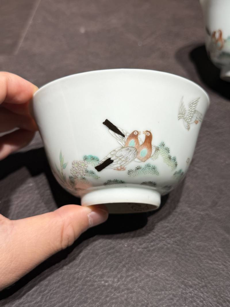 清道光 “宝善斋制”款粉鸟花鸟茶盅一对 - 图5