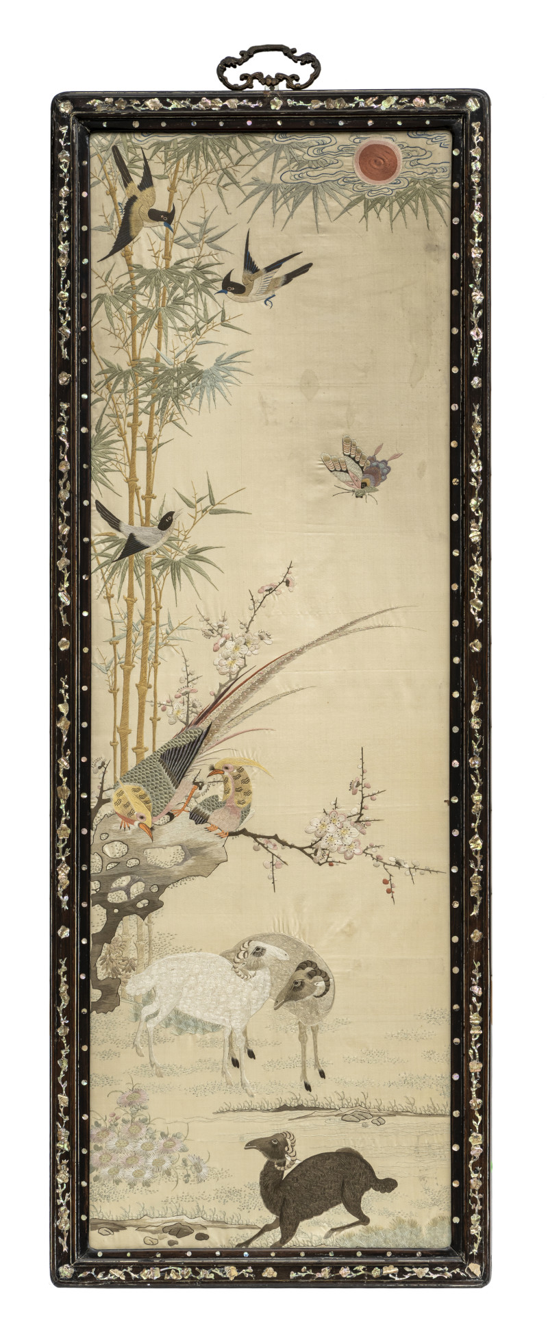 Three fine silk embroideries depicting vivid scenes with rams, pheasants, horses, a cat, birds and butterflies - 图2