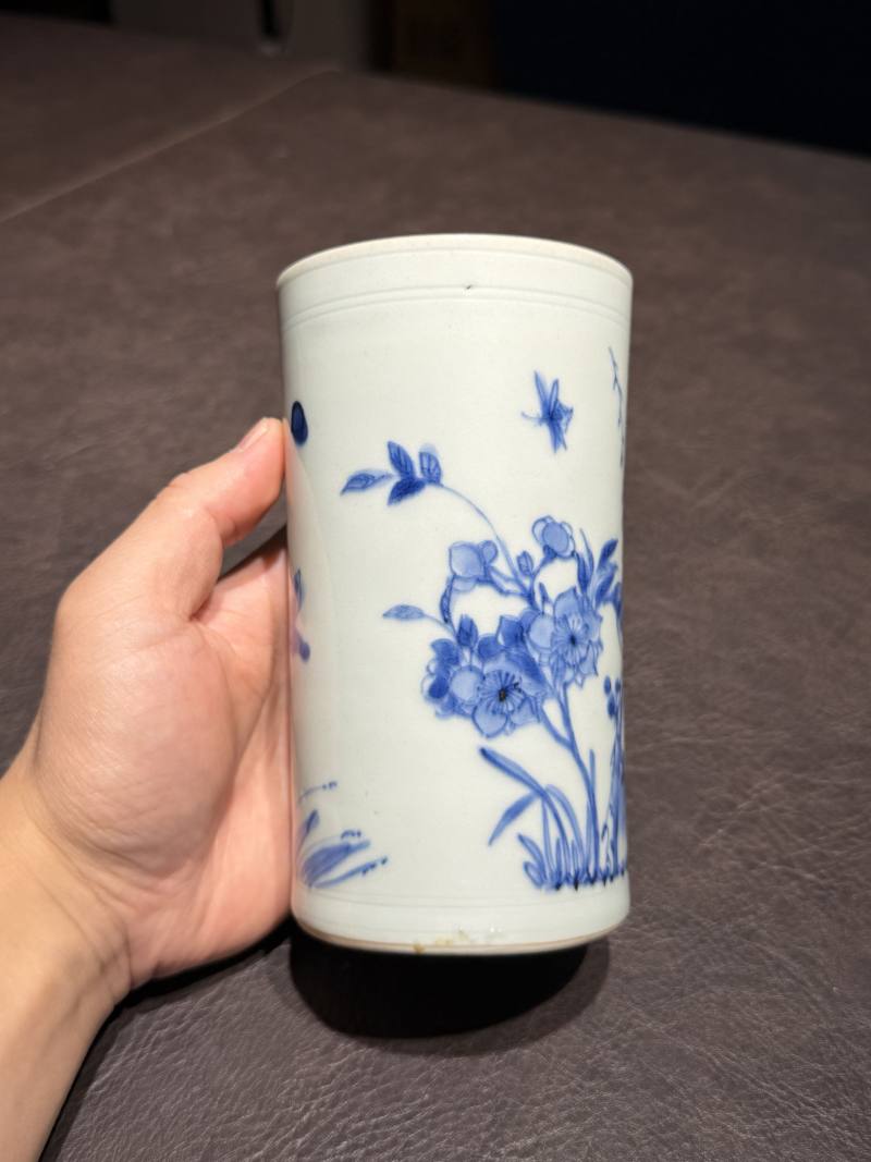 明崇祯 青花花鸟图笔筒 - 图5