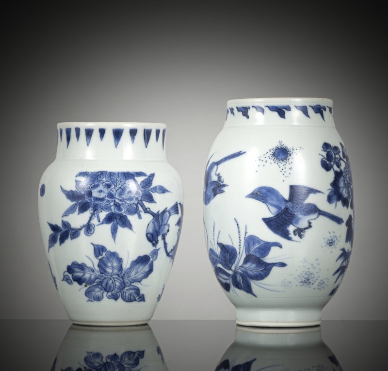 Two porcelain vases decorated in underglaze blue with bird/flower decoration