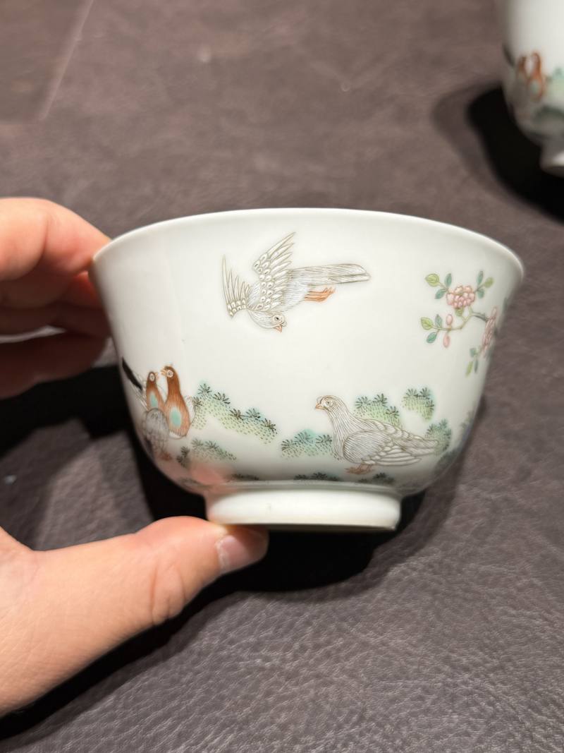 清道光 “宝善斋制”款粉鸟花鸟茶盅一对 - 图6