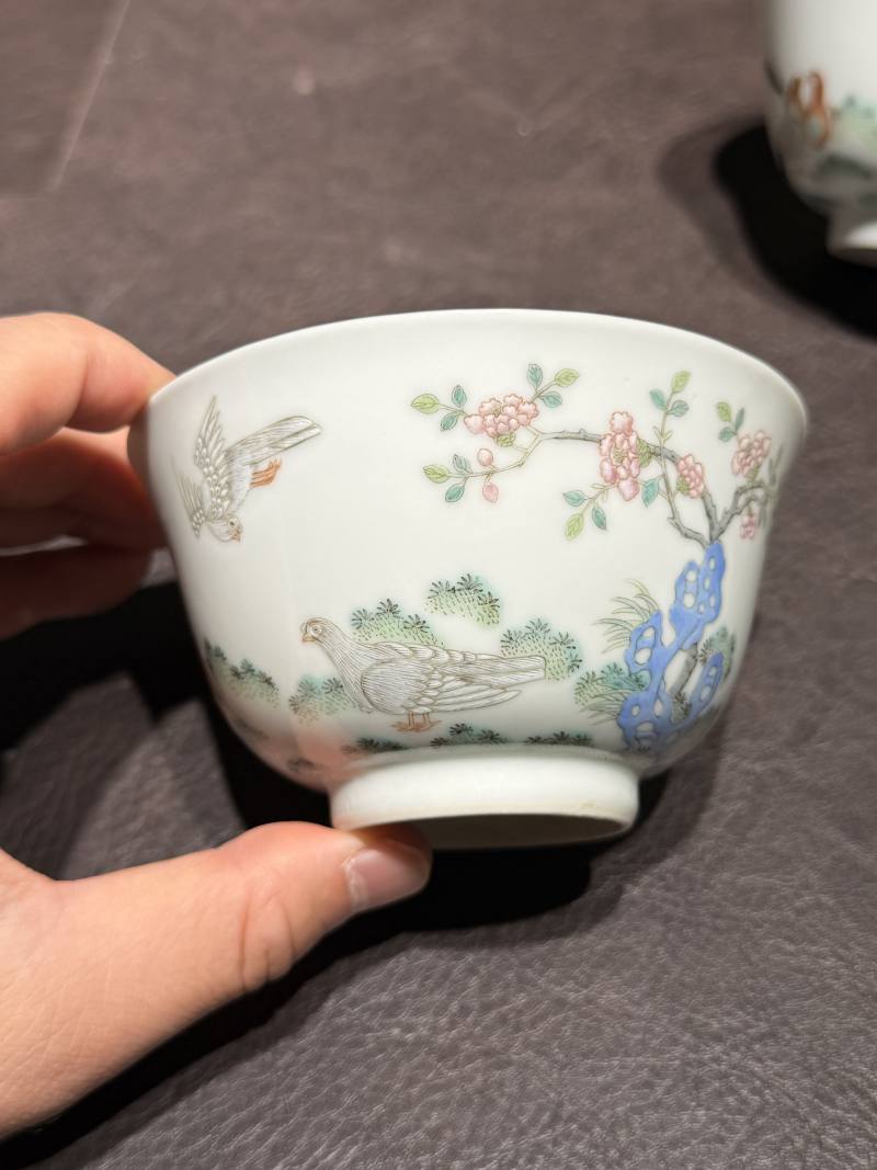 清道光 “宝善斋制”款粉鸟花鸟茶盅一对 - 图7
