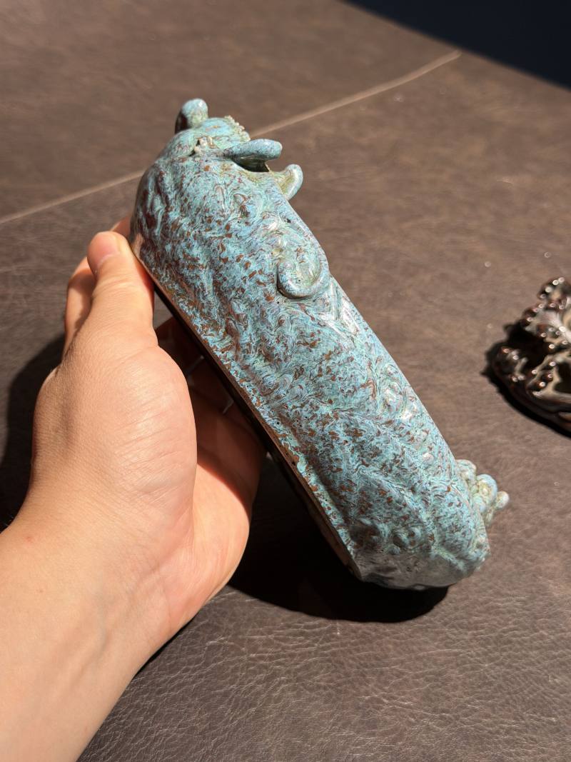 清雍正 炉钧釉海水蟠龙灵芝如意洗（配木座） - 图12