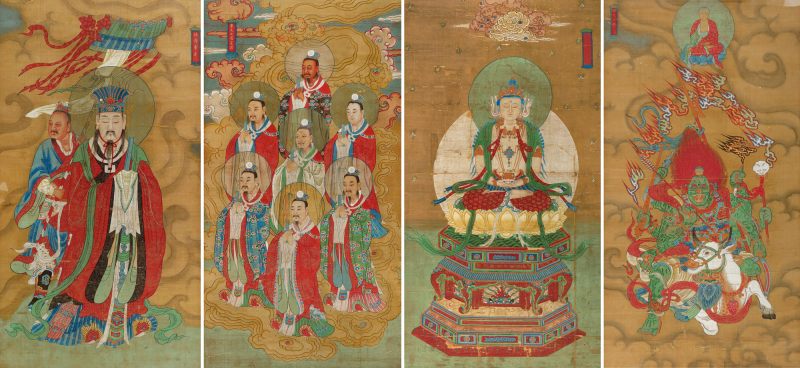 清·绢本 梓府帝君/东天七宿星君/日光菩萨/释迦文佛/水陆画四幅一组 镜片