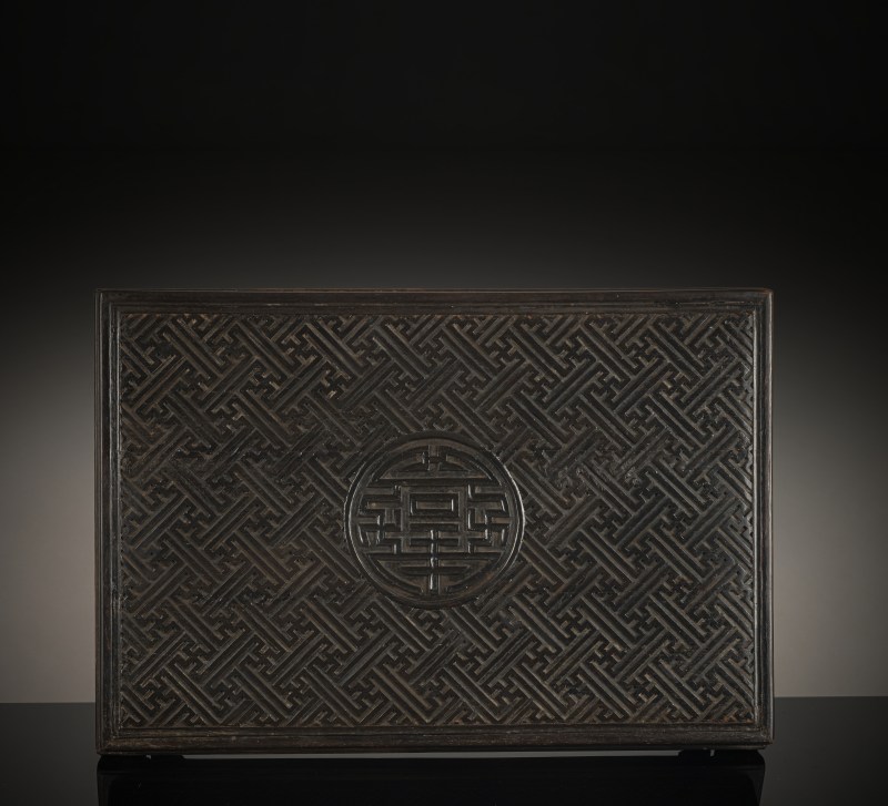 A fine carved Zitan box and for paper with 'shou' and swastika decoration made of zitan