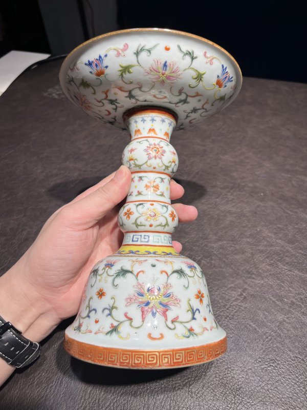 清乾隆 洋彩描金缠枝宝相花觚式供盘一对 - 图14