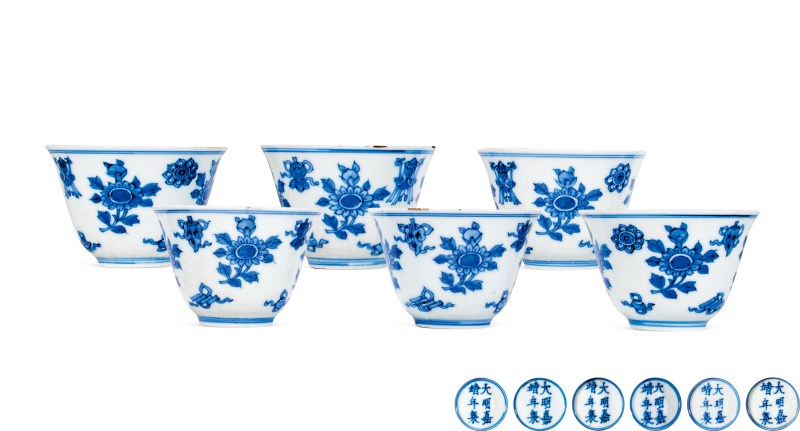 清康熙 青花清供图茶杯（一组六件） - 图2