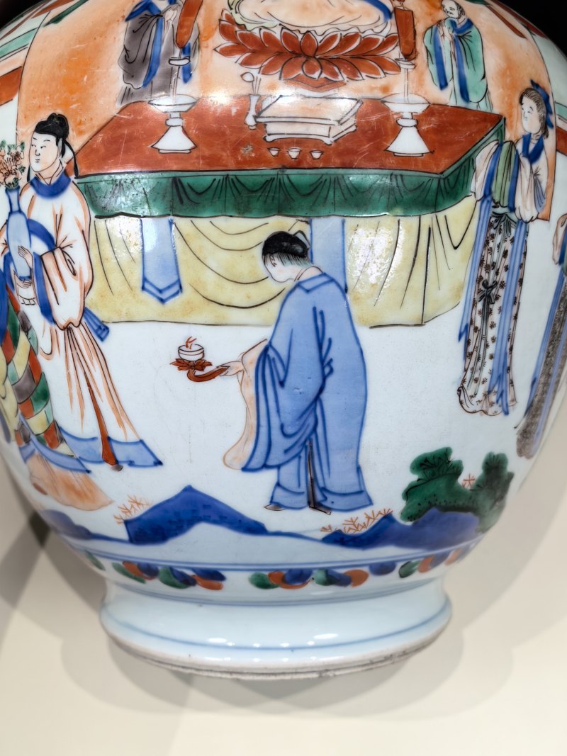 清康熙 青花五彩西厢记之斋坛闹会故事图盖罐 - 图24