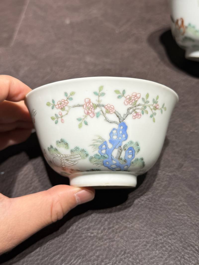 清道光 “宝善斋制”款粉鸟花鸟茶盅一对 - 图8