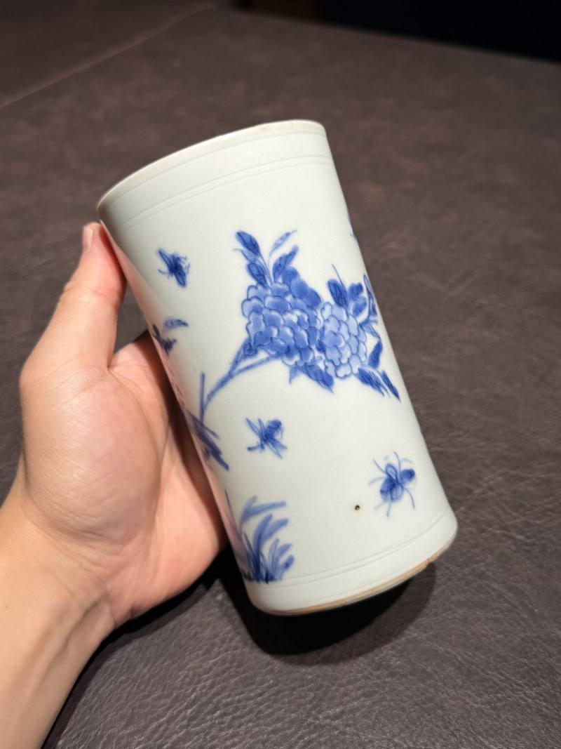 明崇祯 青花花鸟图笔筒 - 图8