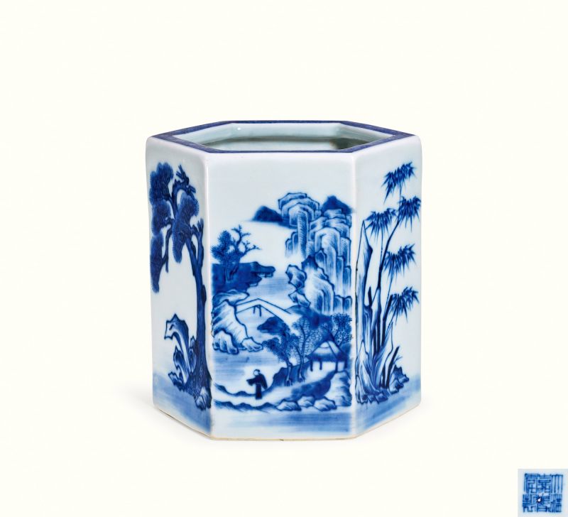 清嘉庆 青花山水人物笔筒
