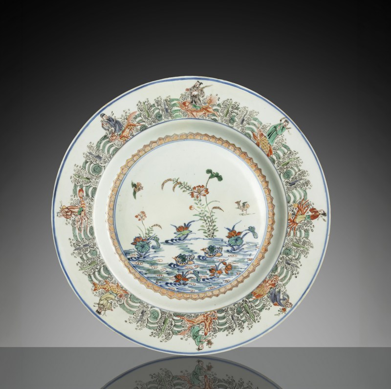 A fine and large 'Doucai' plate with mandarin ducks in a pond