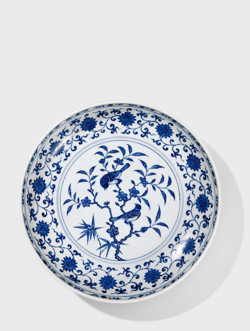 清雍正·仿永乐青花桃竹花鸟纹大盘