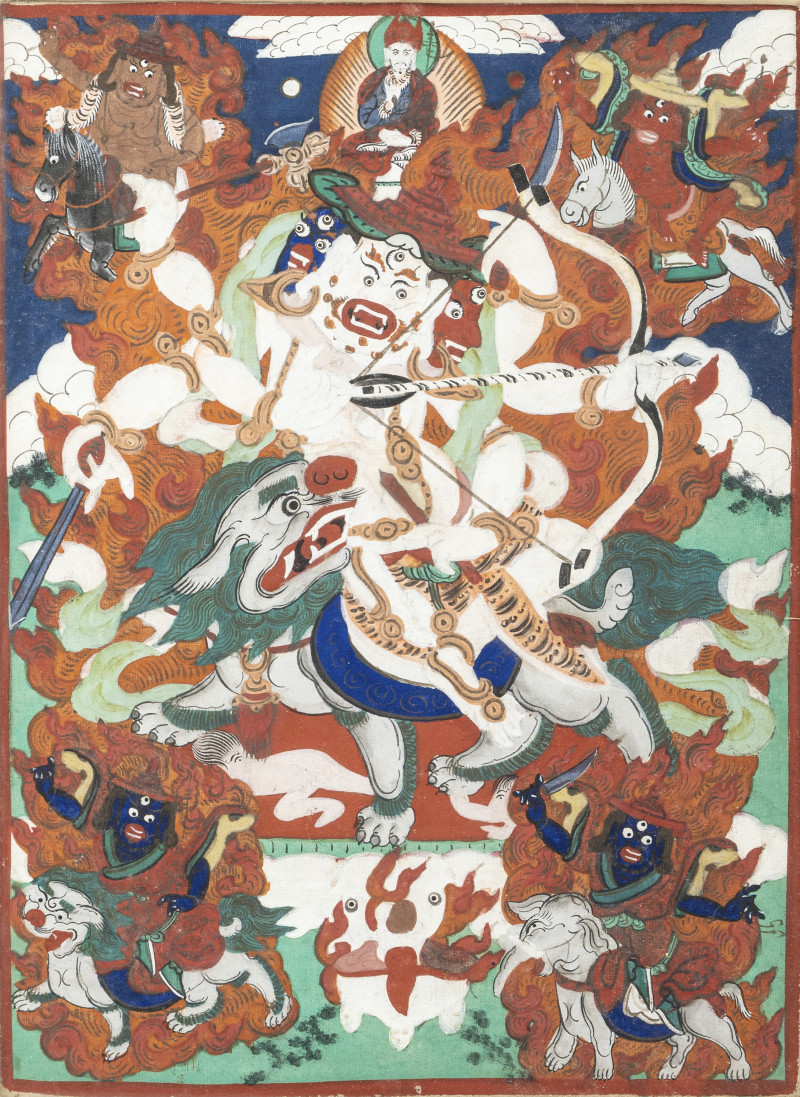 A small thangka depicting Pehar on a white Buddhist lion