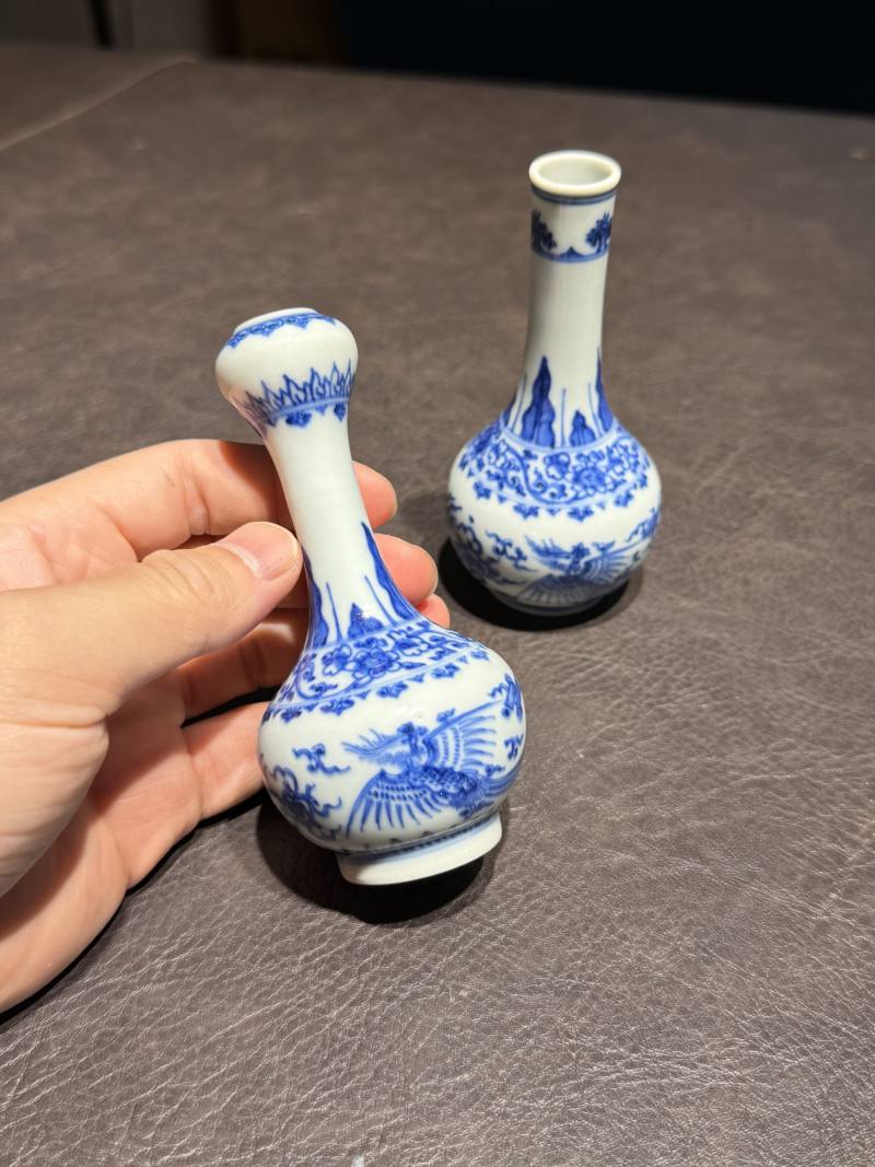 清康熙 青花双凤纹胆瓶、蒜头瓶 - 图4
