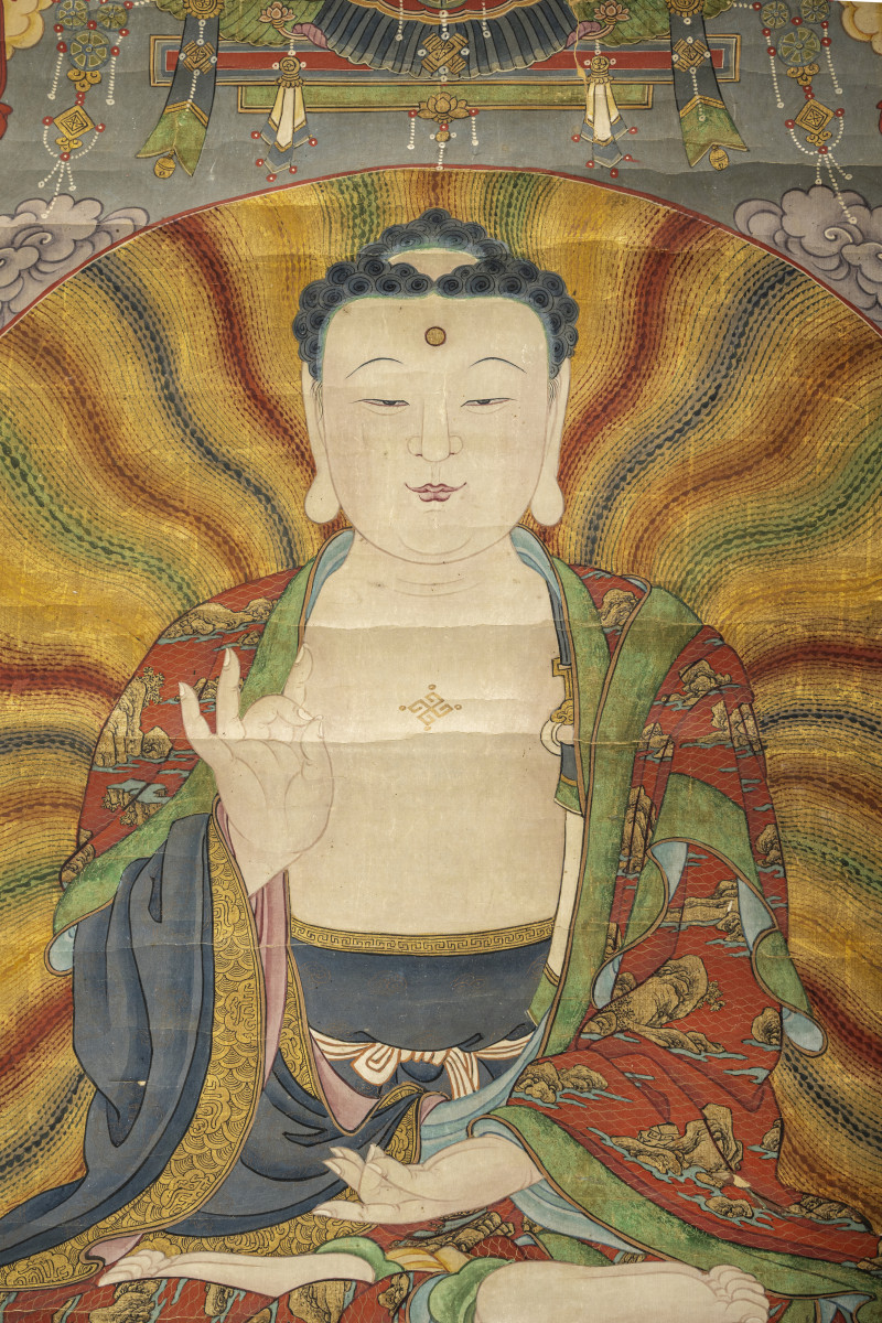 A Buddhist painting depicting Buddha Shakyamuni on a lotus throne - 图3