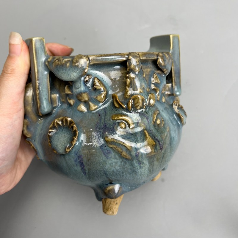 明代 钧窑天蓝釉双碑耳炉 - 图29