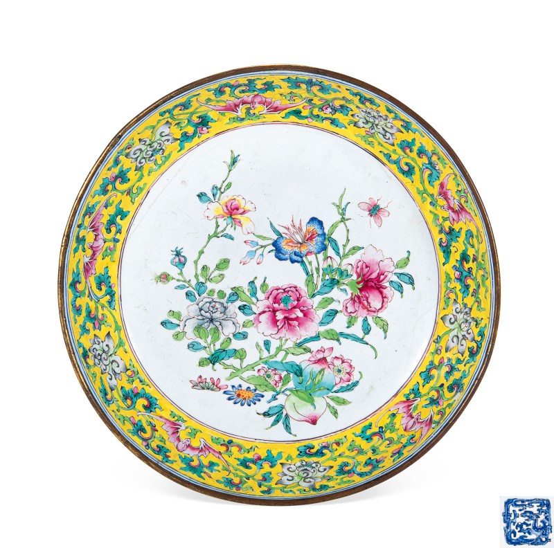 清乾隆 铜胎云龙花卉纹珐琅盘 - 图2