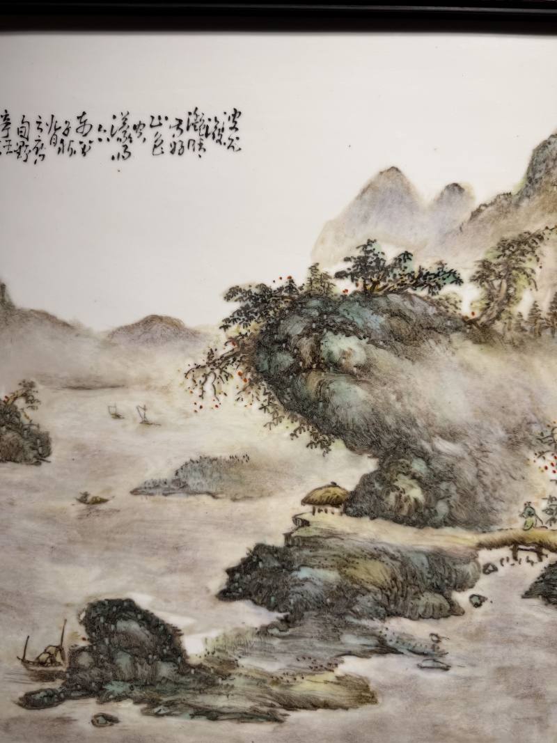 民国 “汪野亭”绘浅绛彩苏轼山水诗意图挂屏 - 图8