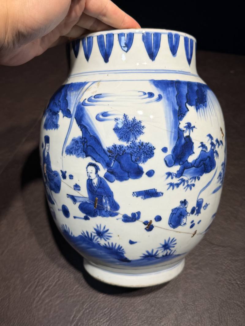 明崇祯 青花高士图莲子罐 - 图5