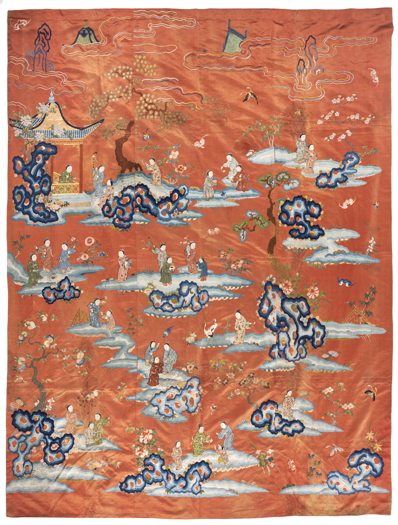 A large figural embroidered silk wall hanging