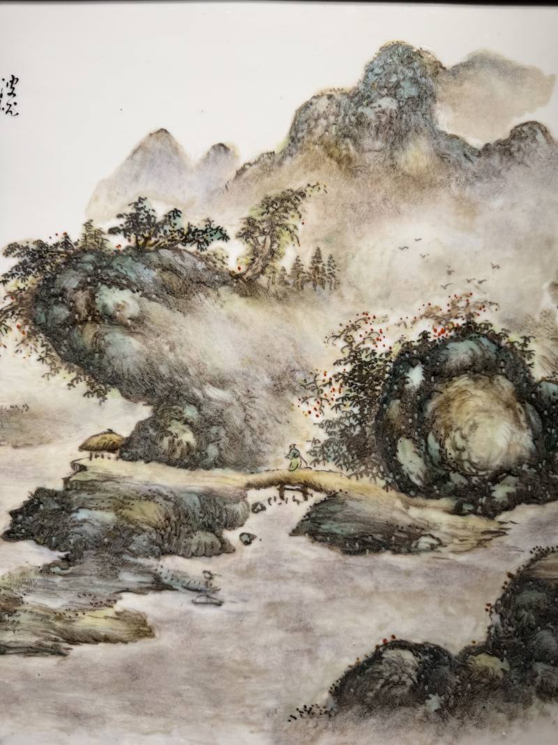 民国 “汪野亭”绘浅绛彩苏轼山水诗意图挂屏 - 图9