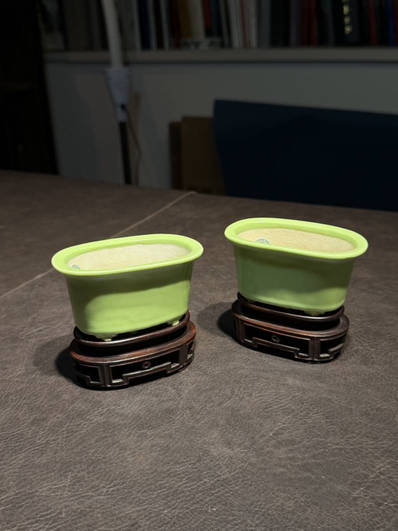 十八世纪 秋葵绿釉菖蒲盆一对（原配红木底座） - 图3