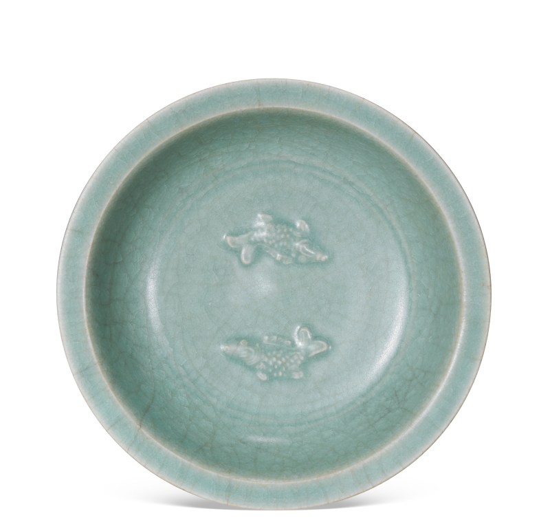 明代 龙泉窑粉青釉冰裂纹双鱼洗