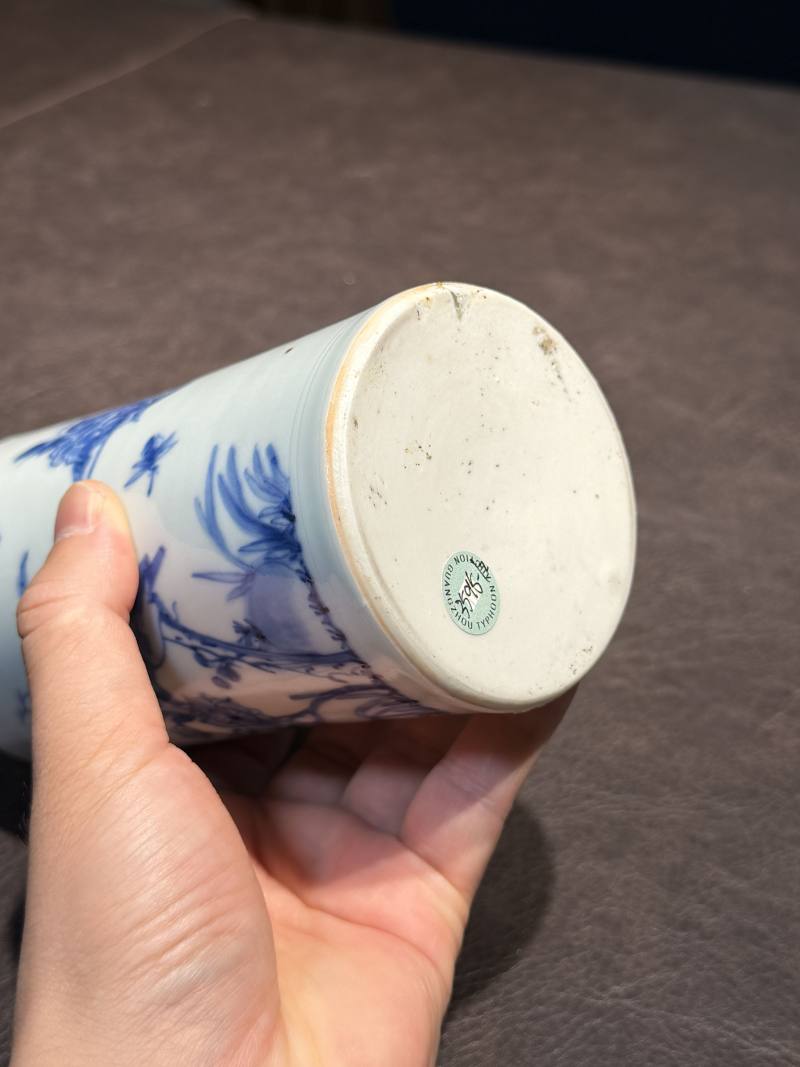 明崇祯 青花花鸟图笔筒 - 图11