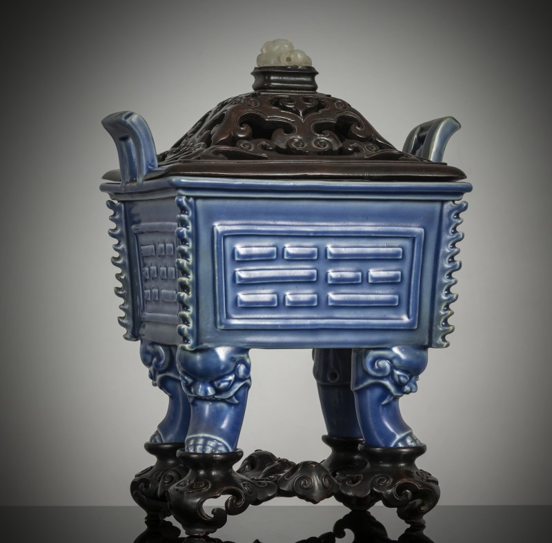 A fine powder blue glazed porcelain incense burner 'fang ding' with bagua trigrams, wooden stand and cover with jade knob