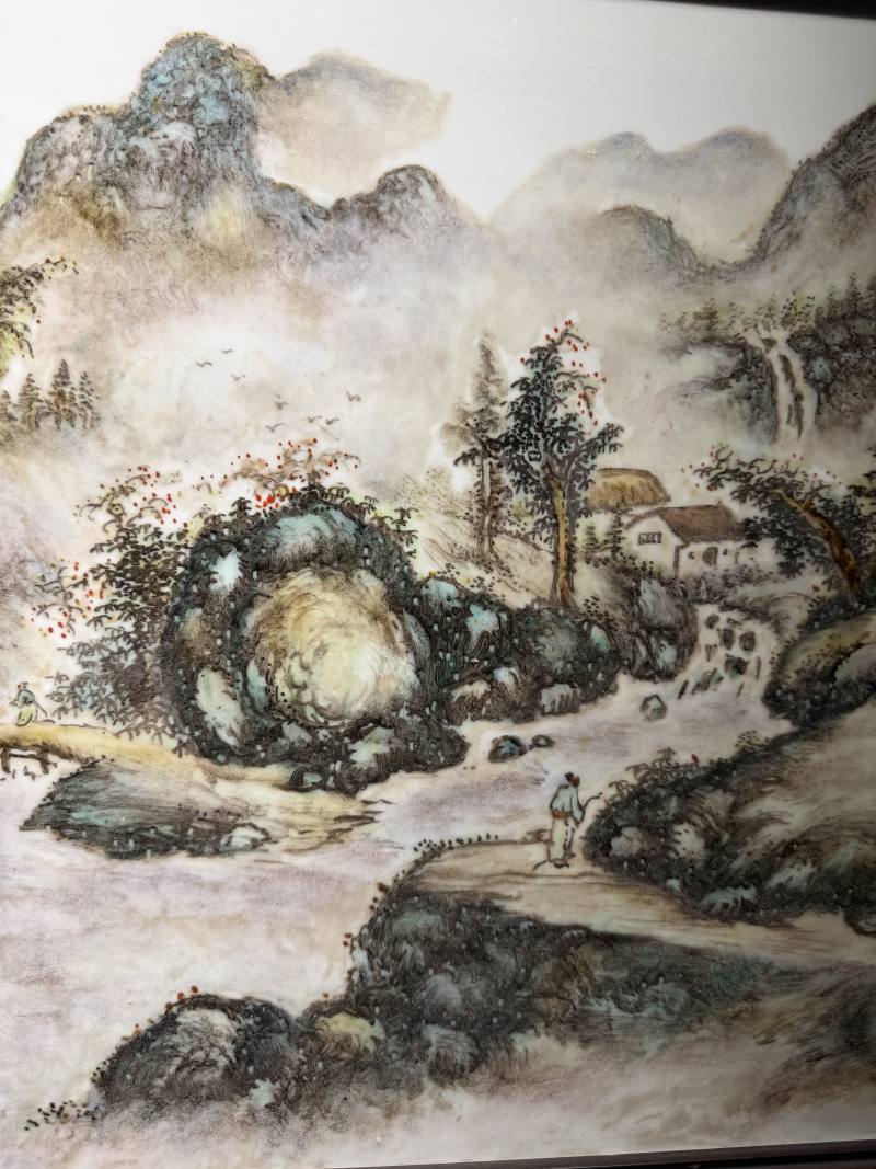 民国 “汪野亭”绘浅绛彩苏轼山水诗意图挂屏 - 图10