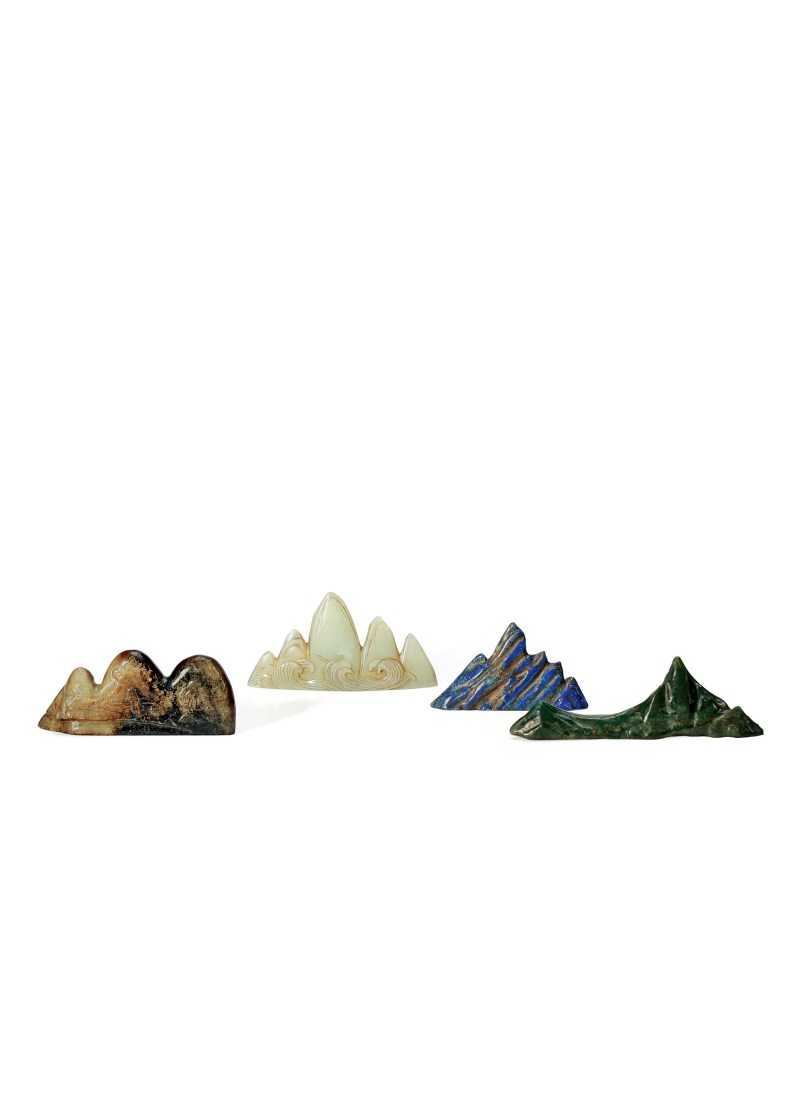 清·玉及青金石笔架山子摆件一组四件