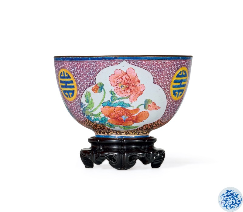 清康熙 铜胎珐琅彩锦地纹开光花卉纹茶圆 - 图4