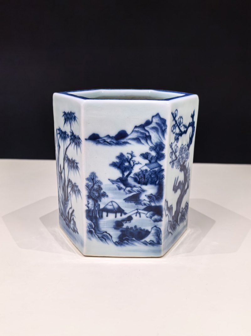 清嘉庆 青花山水人物笔筒 - 图5