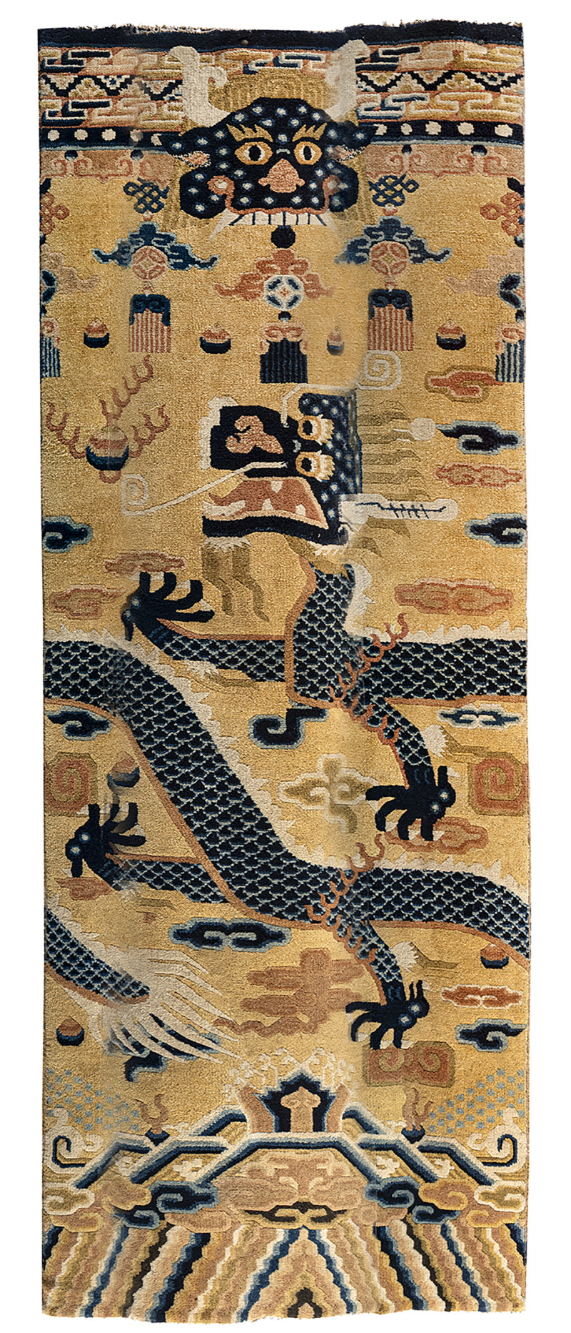A pair of yellow-ground column carpets with dragon decoration mounted as columns