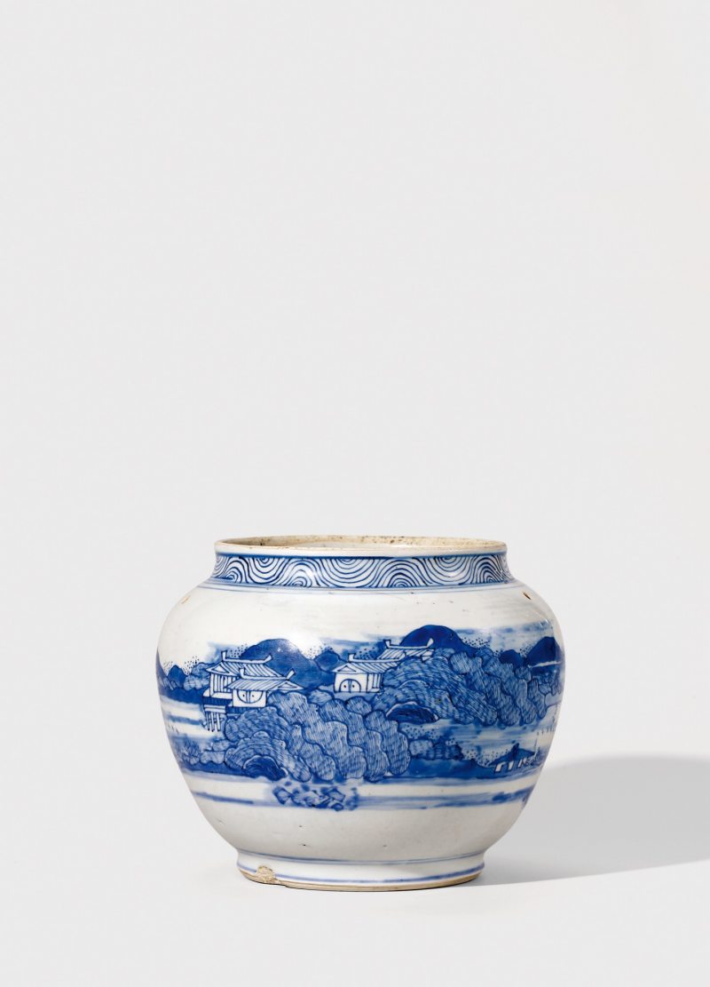 清顺治·青花披麻皴山水纹罐