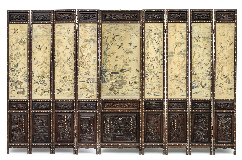A nine-panel silk and wood screen