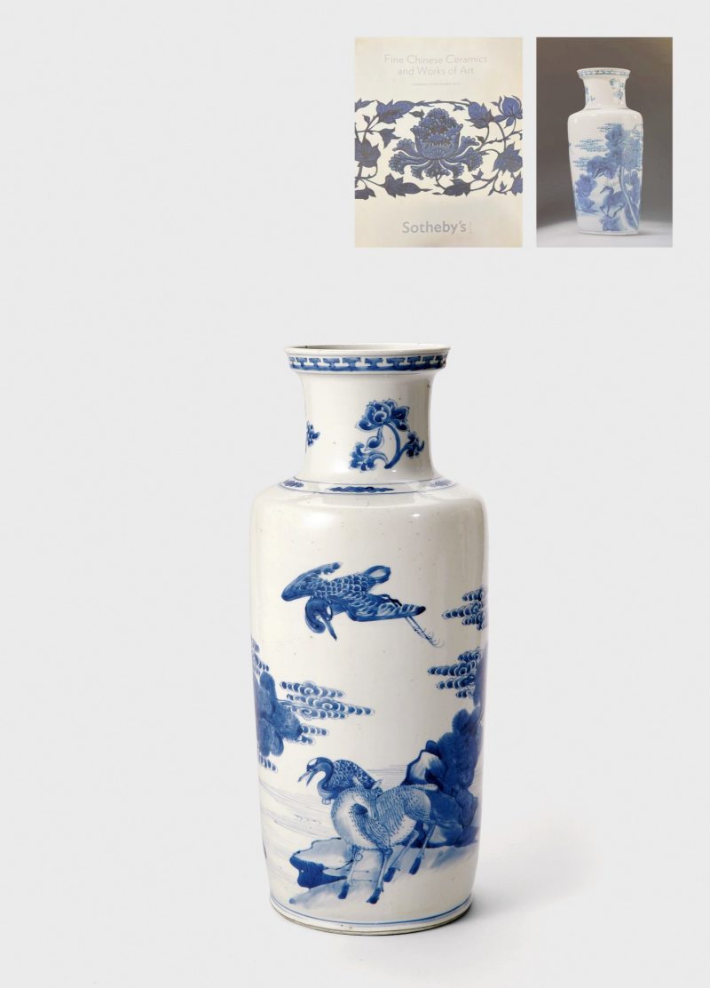 清康熙·青花鹤鹿同春图棒槌瓶