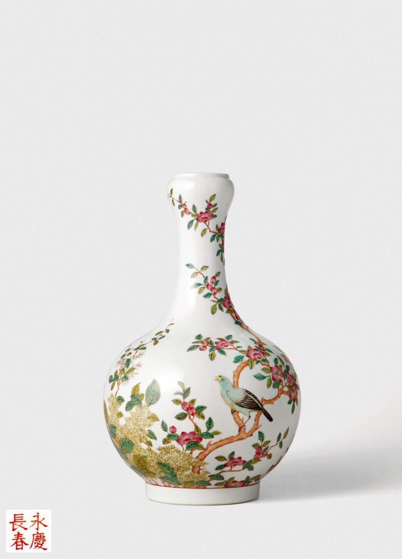 清光绪·粉彩花鸟纹蒜头瓶