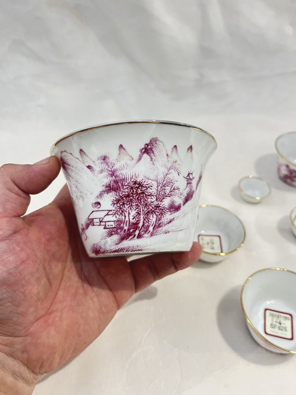 胭脂红彩山水纹套杯一套 - 图4