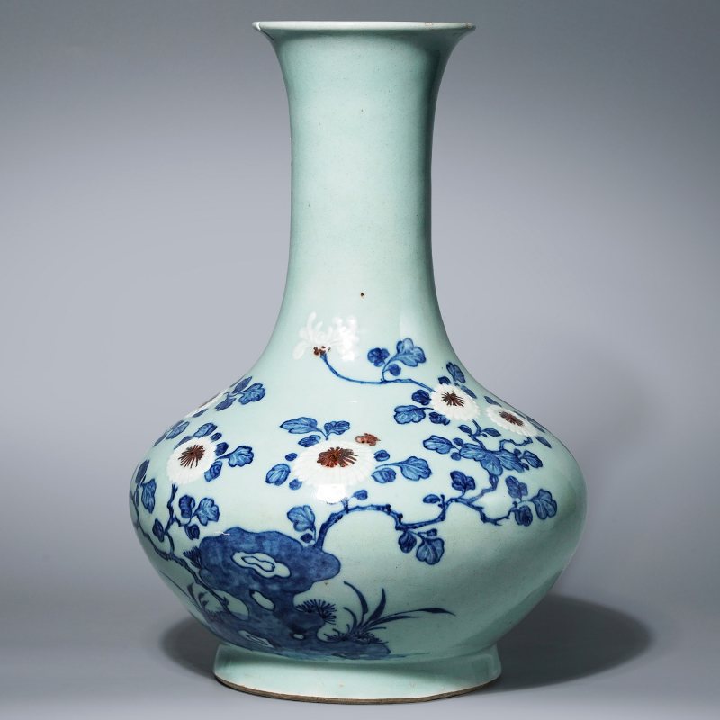 清乾隆 青釉青花釉里红重阳菊艳图撇口瓶