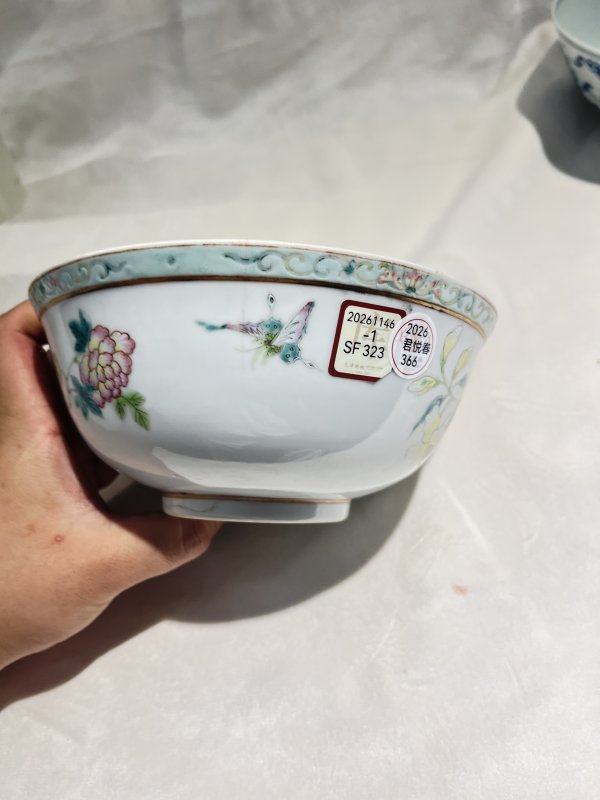 内青花缠枝花卉外粉彩花鸟纹碗 - 图5