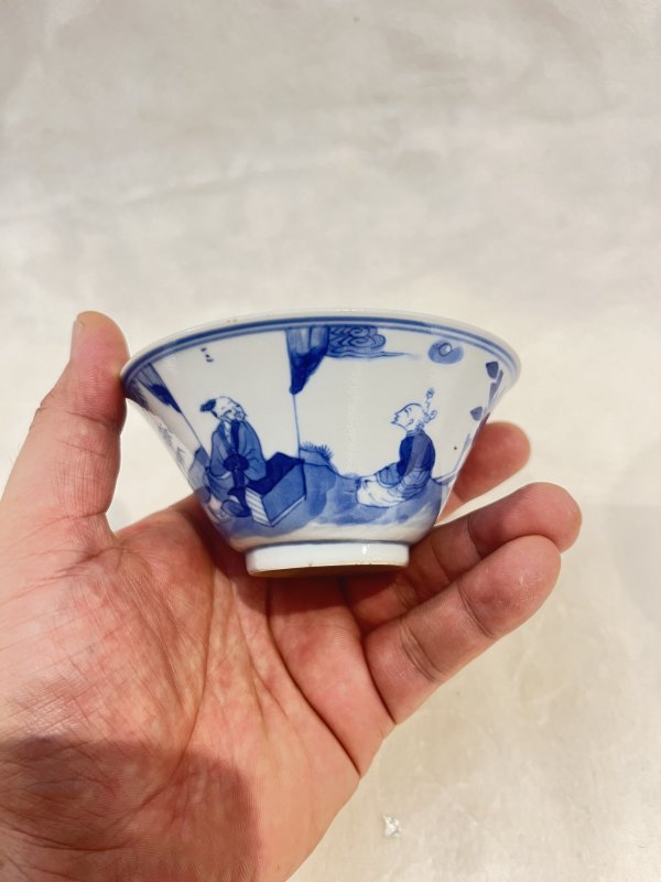青花高仕童子纹斗笠盏一对 - 图7