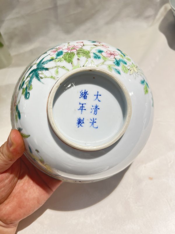 内青花缠枝花卉外粉彩花鸟纹碗 - 图8