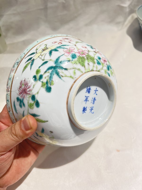 内青花缠枝花卉外粉彩花鸟纹碗 - 图9