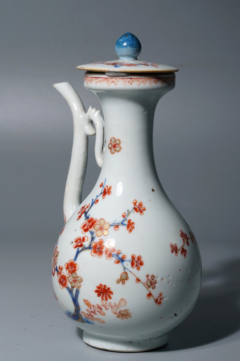 清康熙 青花矾红描金梅花纹急须 - 图2