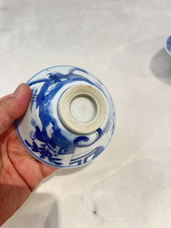 青花高仕童子纹斗笠盏一对 - 图15