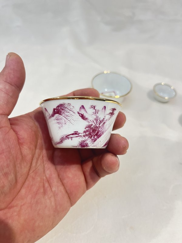 胭脂红彩山水纹套杯一套 - 图17