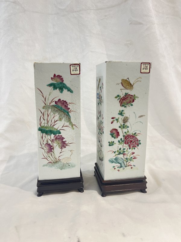 粉彩四季花卉纹四方帽筒一对 - 图3
